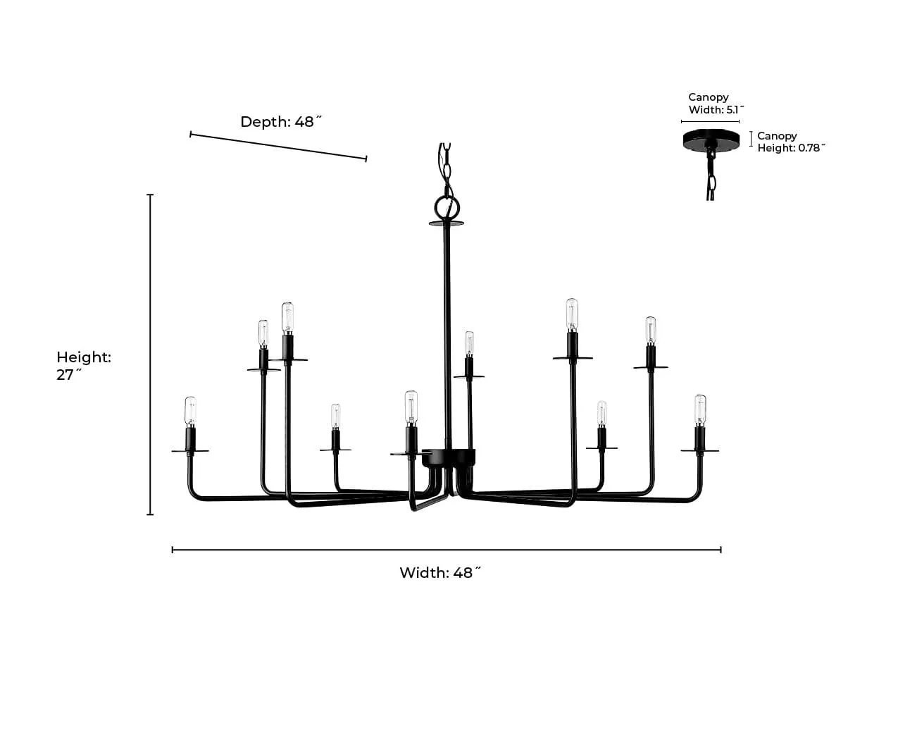 10 Lamps Marceline Chandelier - Matte Black - 48in Diameter - E12 Candelabra Base
