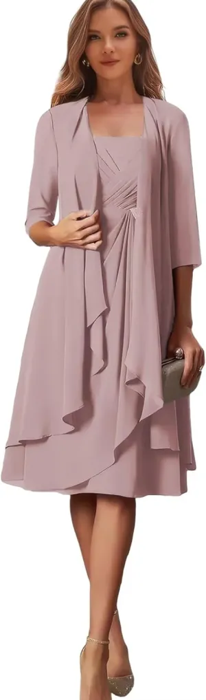 2 Pieces Mother of The Bride Dresses with Jacket Ruffles Short Formal Dress for Women Wedding Guest
