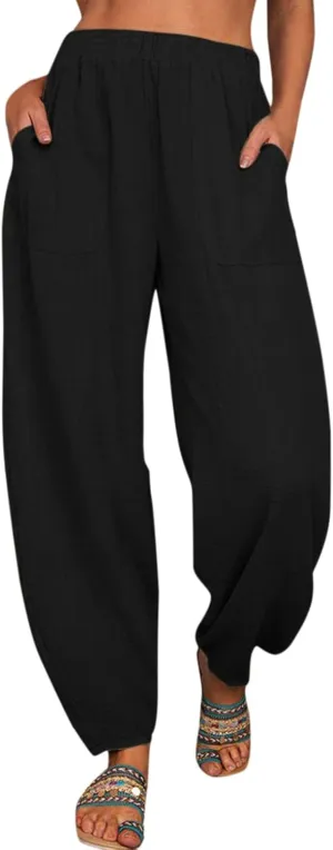 2024 Women Yoga Harem Pants Cotton Linen High Waist Elastic Ankle Pants Solid Casual Flowy Loose Sweatpants Trousers Pockets