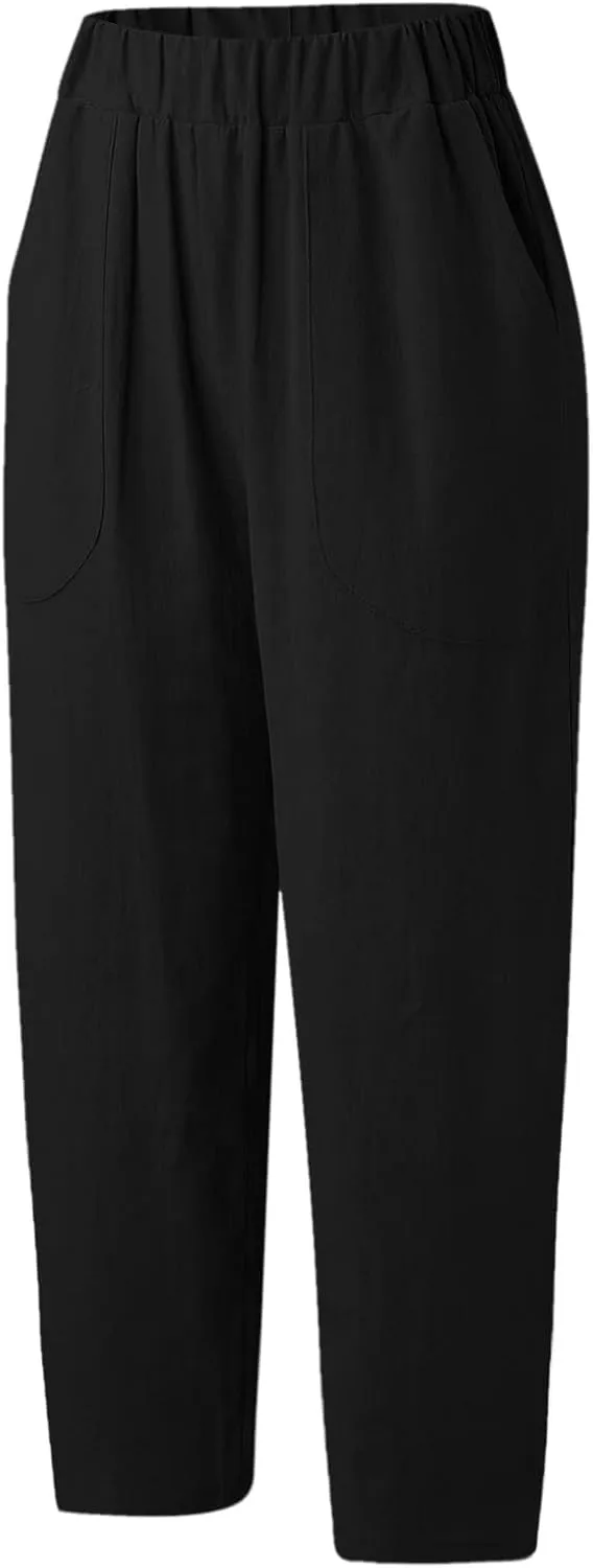 2024 Women Yoga Harem Pants Cotton Linen High Waist Elastic Ankle Pants Solid Casual Flowy Loose Sweatpants Trousers Pockets