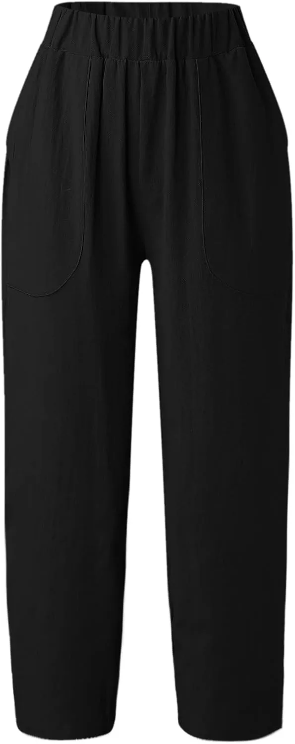 2024 Women Yoga Harem Pants Cotton Linen High Waist Elastic Ankle Pants Solid Casual Flowy Loose Sweatpants Trousers Pockets