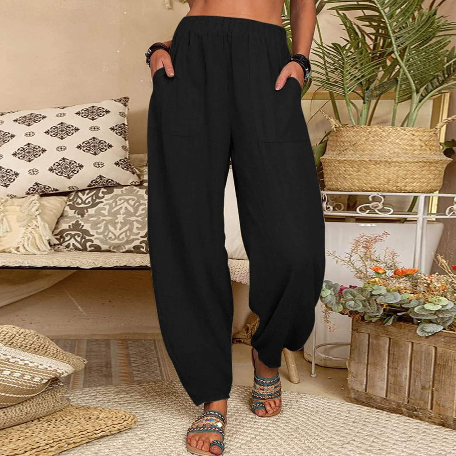 2024 Women Yoga Harem Pants Cotton Linen High Waist Elastic Ankle Pants Solid Casual Flowy Loose Sweatpants Trousers Pockets