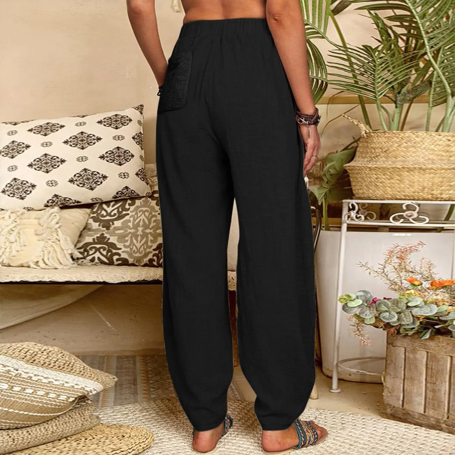 2024 Women Yoga Harem Pants Cotton Linen High Waist Elastic Ankle Pants Solid Casual Flowy Loose Sweatpants Trousers Pockets