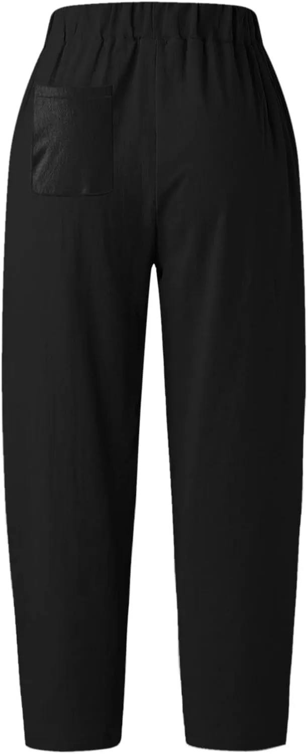2024 Women Yoga Harem Pants Cotton Linen High Waist Elastic Ankle Pants Solid Casual Flowy Loose Sweatpants Trousers Pockets