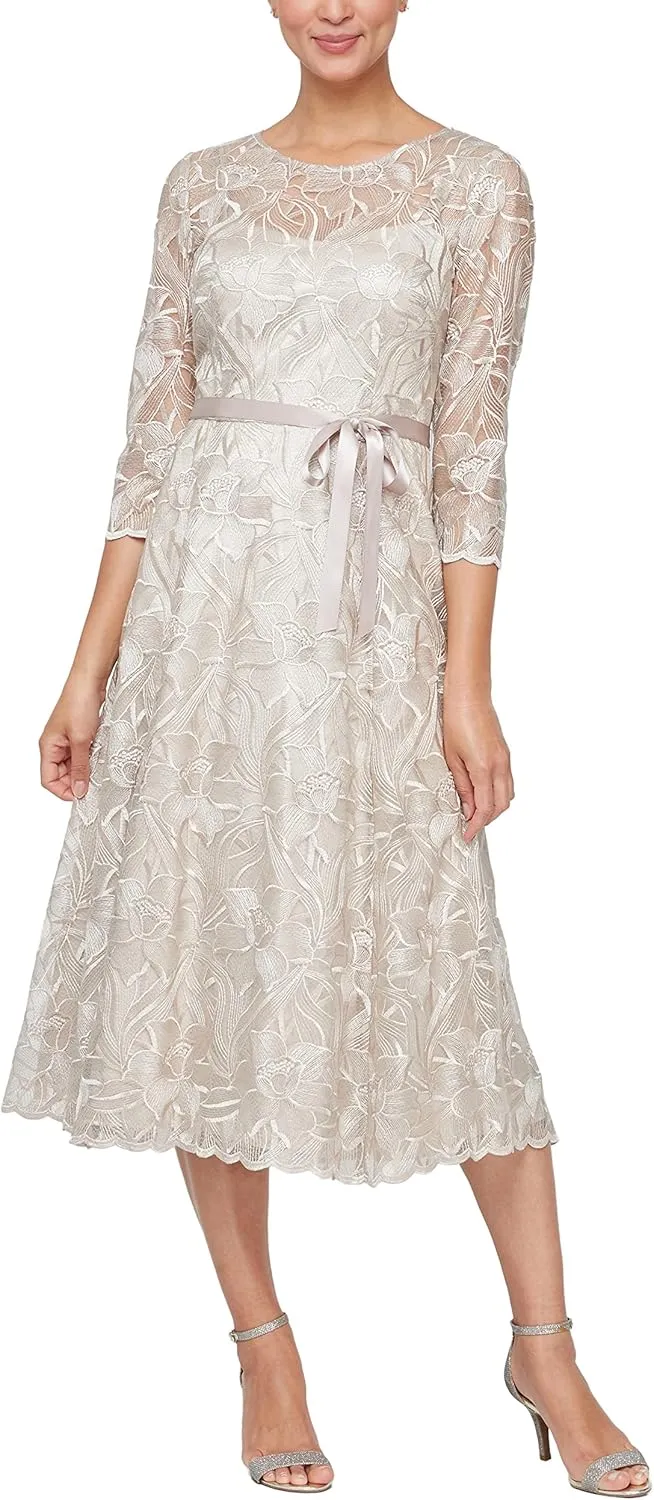 Alex Evenings Women's Tea Length Embroidered Cocktail Dress with Illusion Sleeves, Wedding Guest (Petite and Regular Sizes)