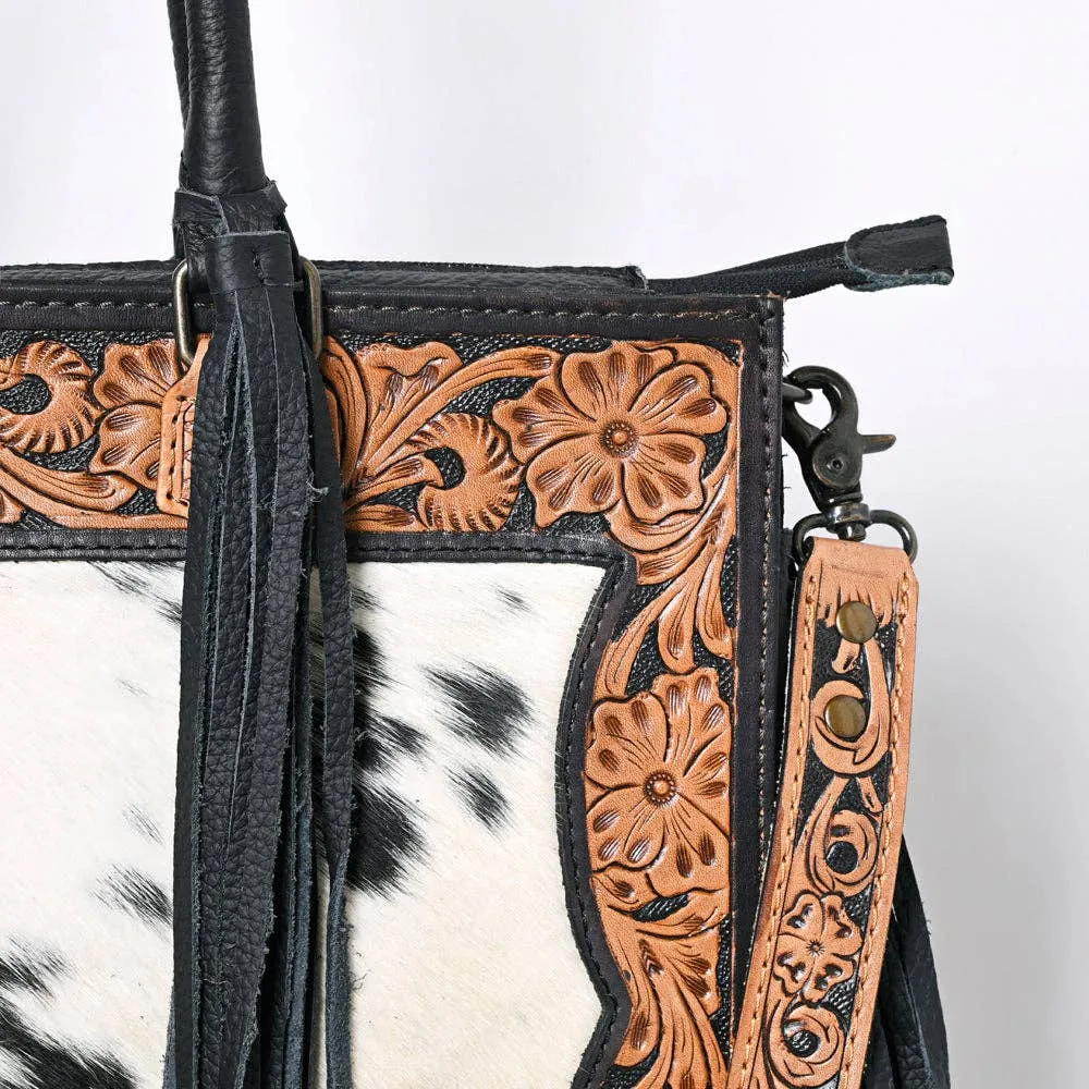 American Darling Black and White Hair on Hide Black Tassel Tote Genuine Leather HandBag