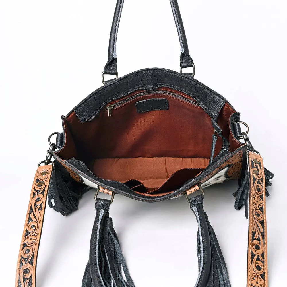 American Darling Black and White Hair on Hide Black Tassel Tote Genuine Leather HandBag