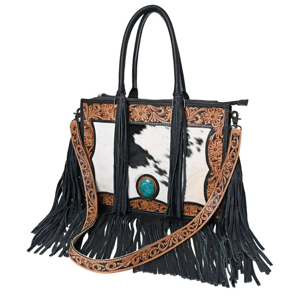American Darling Black and White Hair on Hide Black Tassel Tote Genuine Leather HandBag