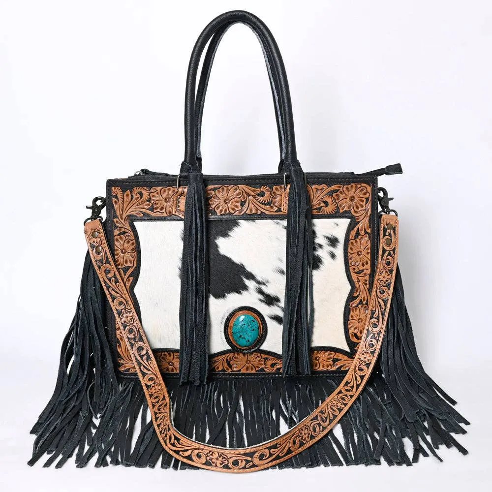 American Darling Black and White Hair on Hide Black Tassel Tote Genuine Leather HandBag