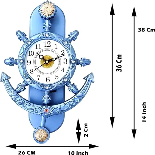 Art Decor HUB Analog 33 cm X 26 cm Wall Clock with Glass for Home Decor || Pendulum (Blue)