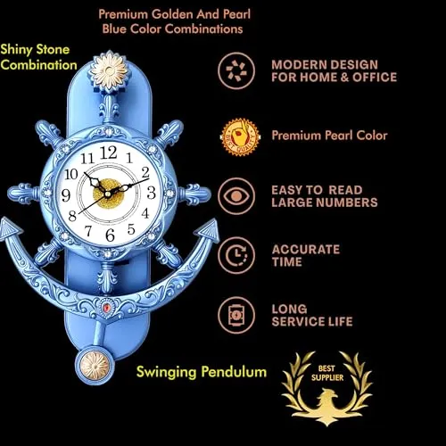 Art Decor HUB Analog 33 cm X 26 cm Wall Clock with Glass for Home Decor || Pendulum (Blue)