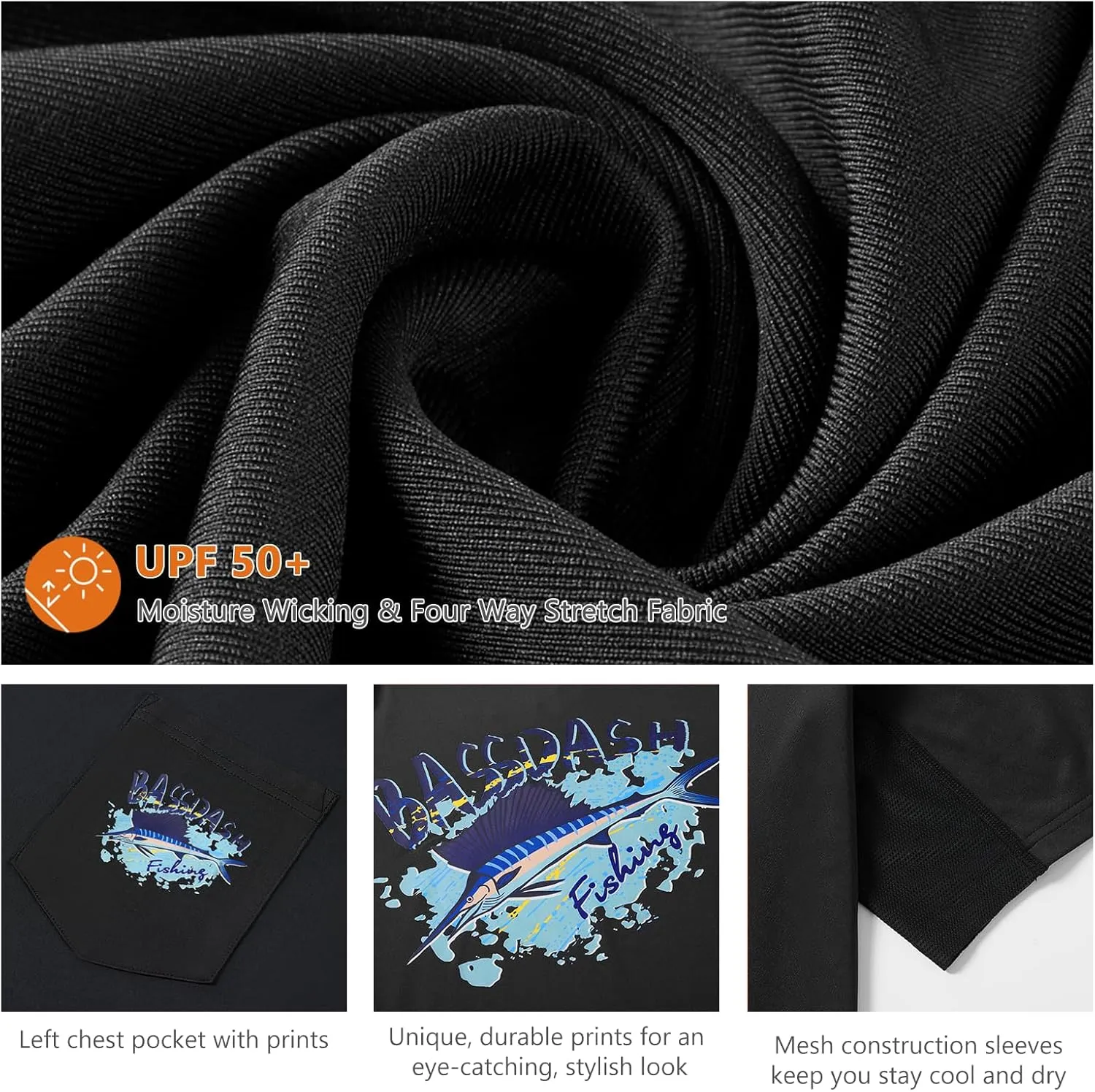 BASSDASH Mens UPF 50  Fishing Graphic T-Shirts Pocket Short Sleeve Shirt Quick Dry UV Sun Protection Casual Outdoor FS46M