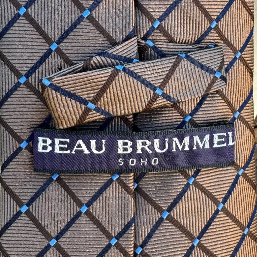 Beau Brummel Soho Vintage Hand Made Check Brown Tan Light Blue Silk Tie 60"x3.5"