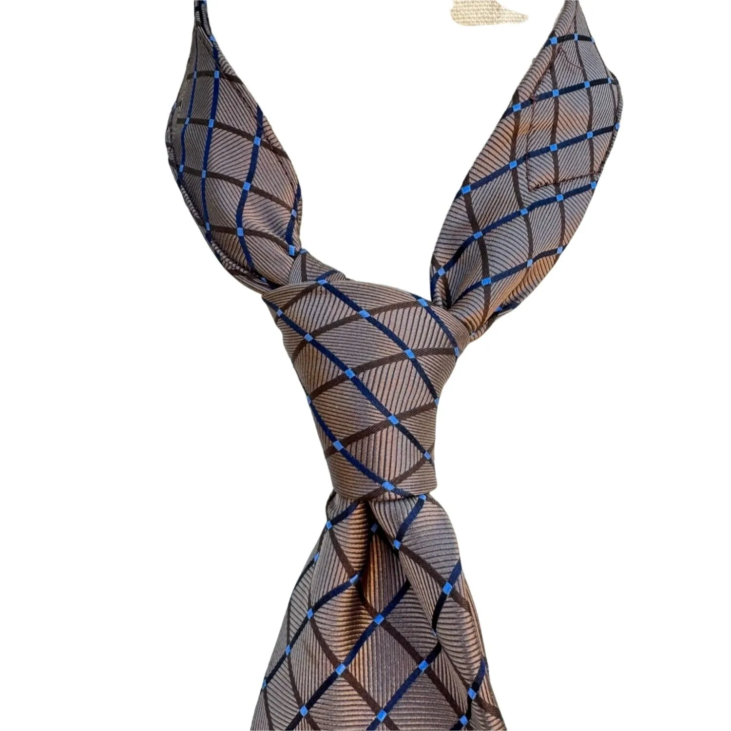 Beau Brummel Soho Vintage Hand Made Check Brown Tan Light Blue Silk Tie 60"x3.5"
