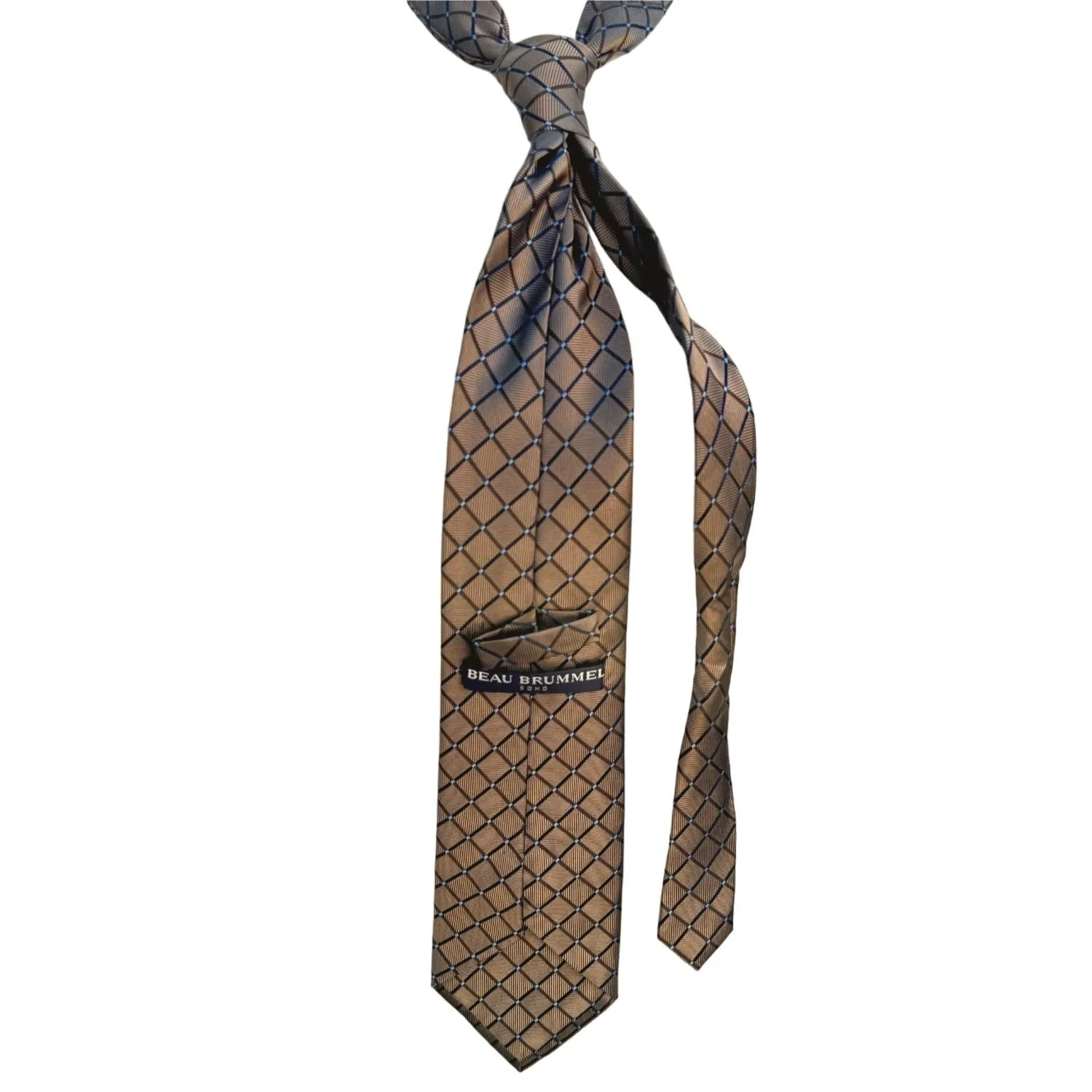 Beau Brummel Soho Vintage Hand Made Check Brown Tan Light Blue Silk Tie 60"x3.5"