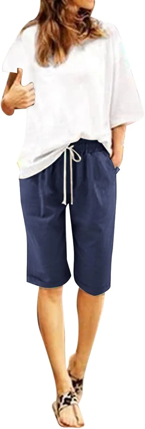 Bermuda Shorts for Women Knee Length Plus Size High Waisted Shorts Baggy Drawstring Pockets Casual Summer Shorts