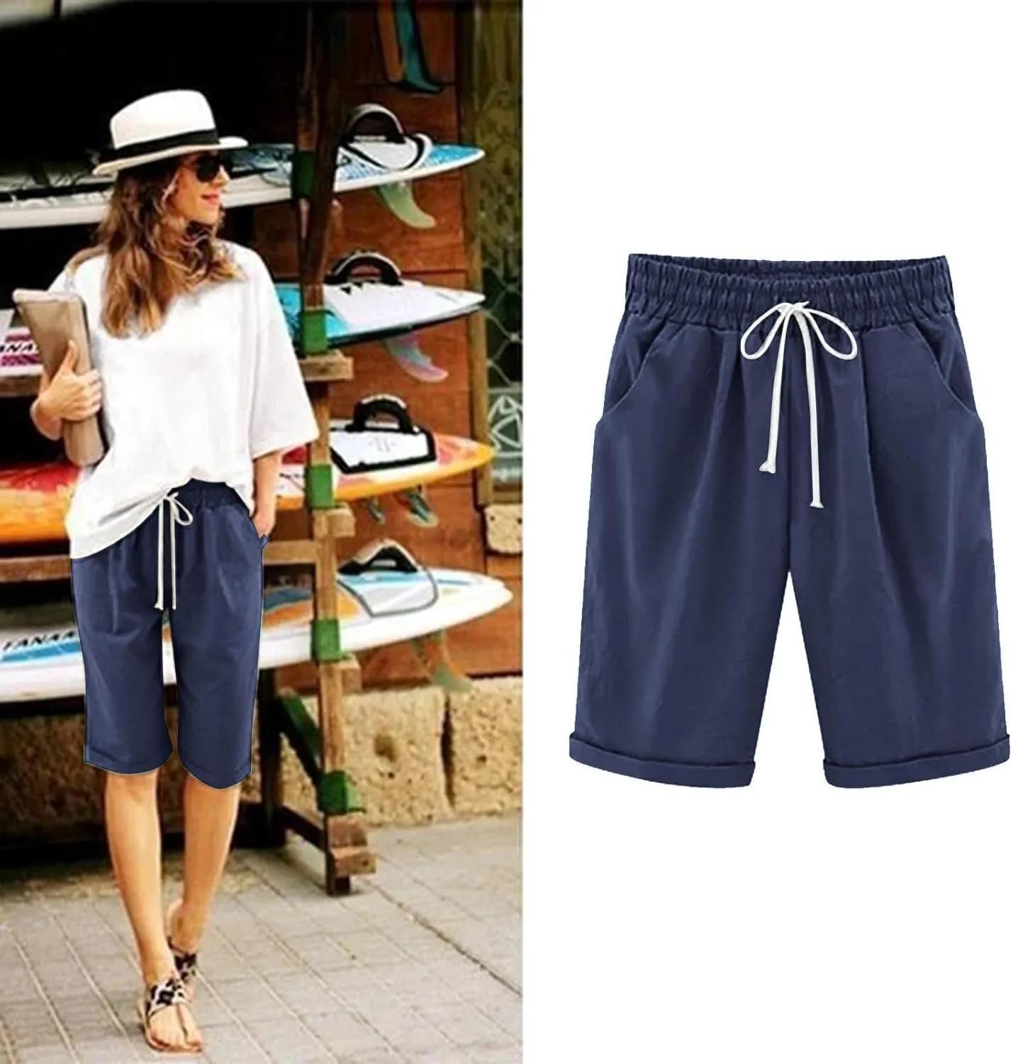 Bermuda Shorts for Women Knee Length Plus Size High Waisted Shorts Baggy Drawstring Pockets Casual Summer Shorts