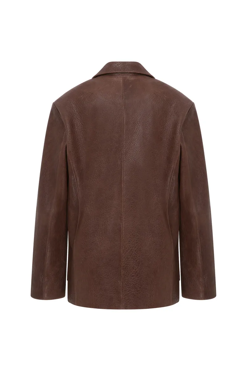 BROWN LEATHER MID-OVERSIZED JACKET