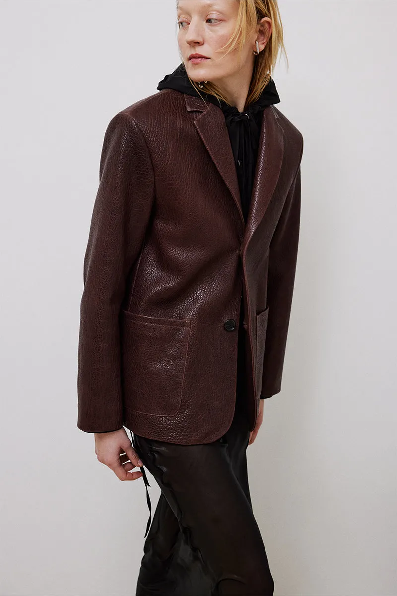 BROWN LEATHER MID-OVERSIZED JACKET