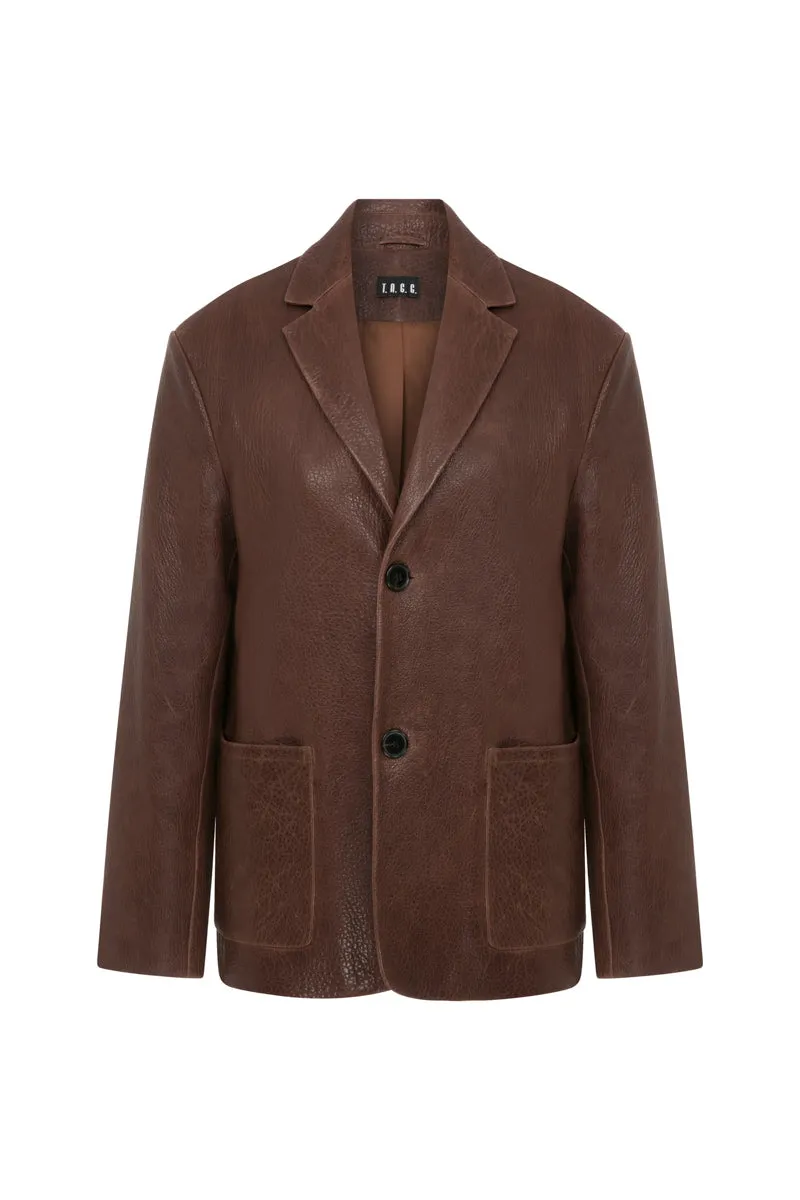 BROWN LEATHER MID-OVERSIZED JACKET