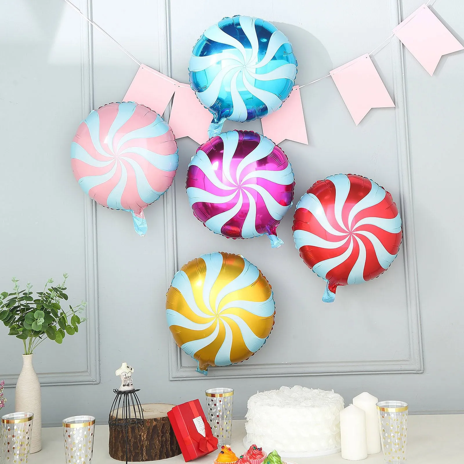 Candy Party Metallic Balloons - Multicolor Lollipop Swirl Candy Shaped Party Decorations, 13" (Set of 5)