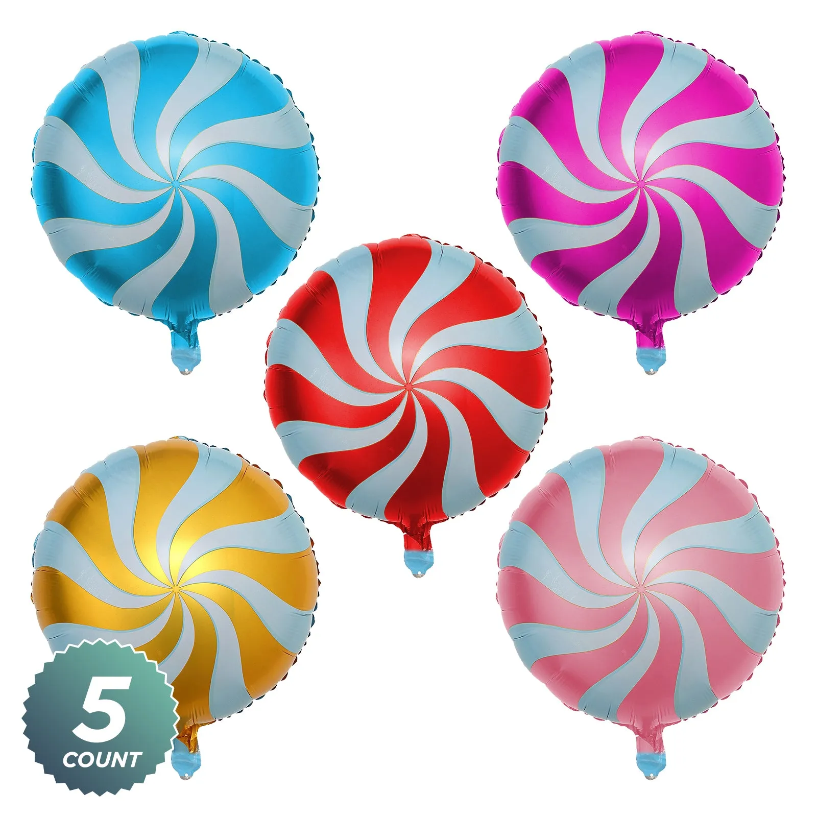 Candy Party Metallic Balloons - Multicolor Lollipop Swirl Candy Shaped Party Decorations, 13" (Set of 5)