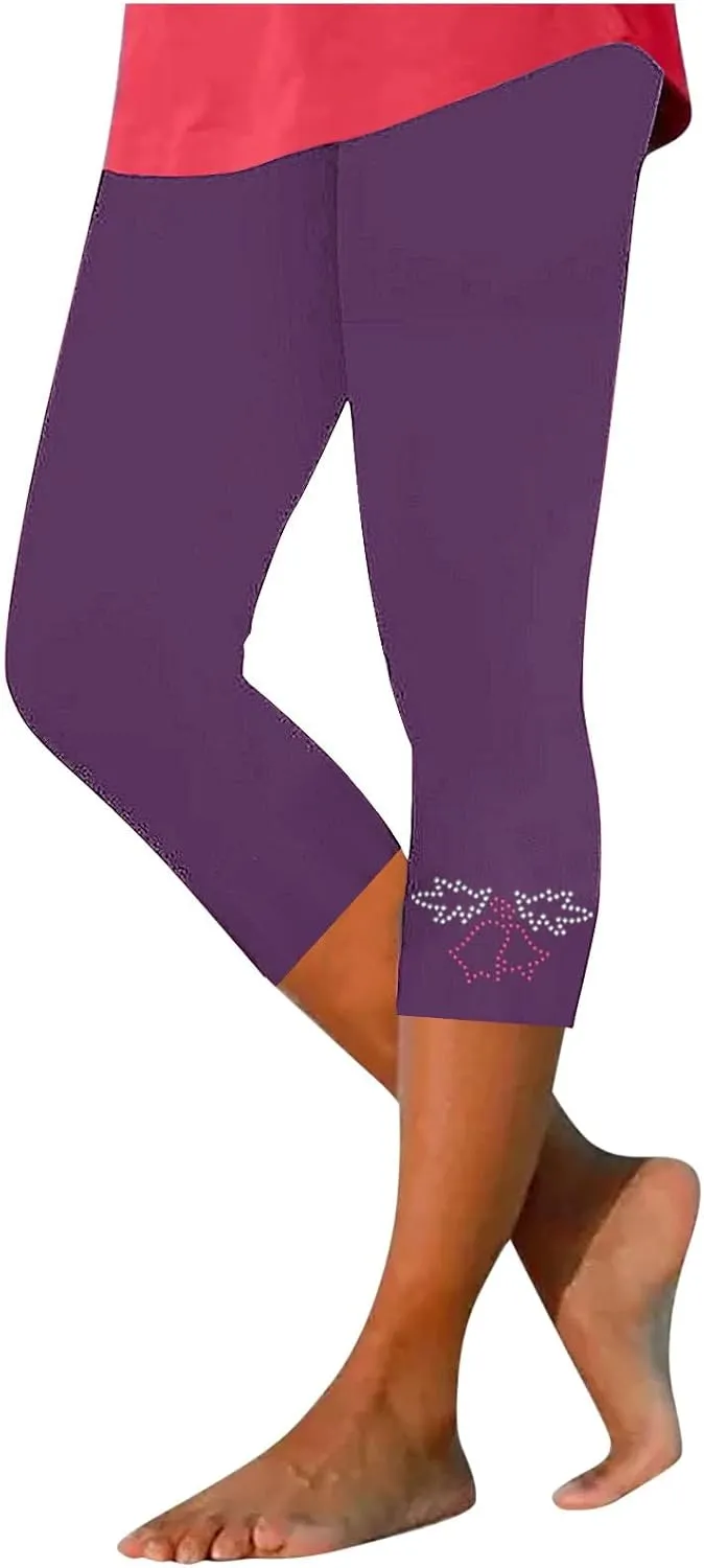Capri Pants for Women Rhinestone Cropped Trousers Ladies 3/4 Length Leggings Summer Stretch Yoga Pant Bottoms
