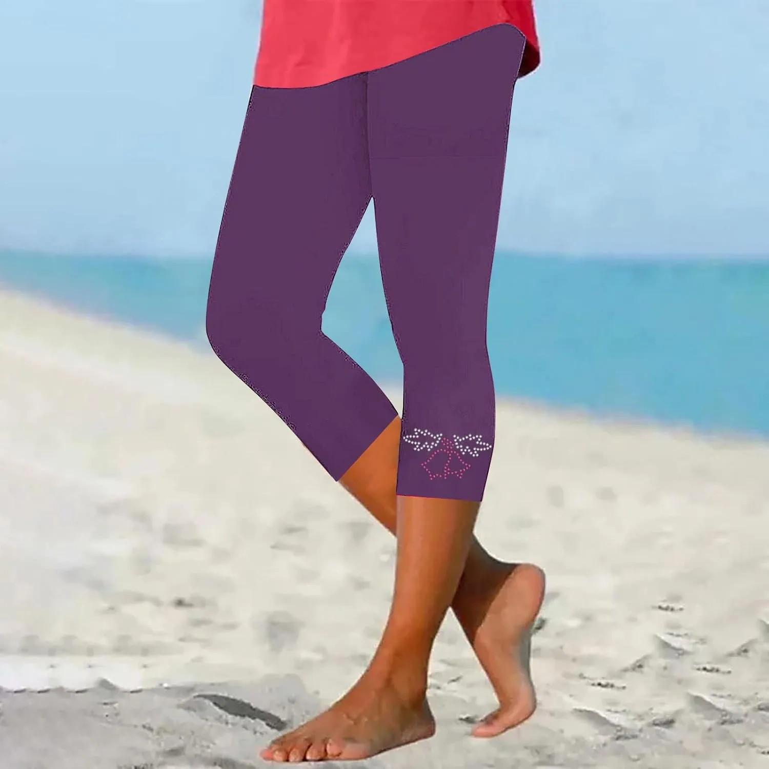 Capri Pants for Women Rhinestone Cropped Trousers Ladies 3/4 Length Leggings Summer Stretch Yoga Pant Bottoms