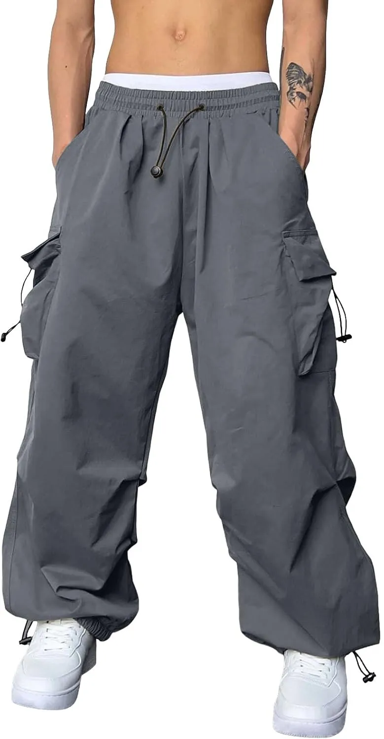 Cargo Pants for Men, Loose Fit Baggy Sweatpants, Casual Solid Color Pants with Pockets, Outdoor Drawstring Trousers