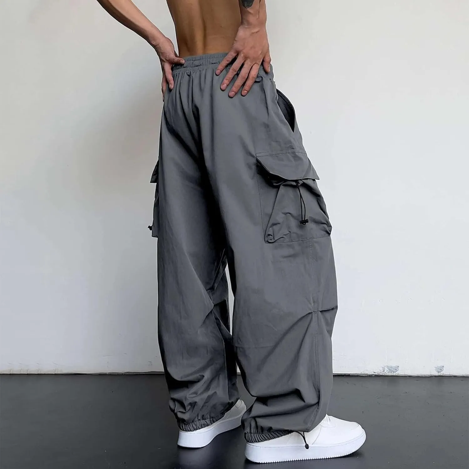 Cargo Pants for Men, Loose Fit Baggy Sweatpants, Casual Solid Color Pants with Pockets, Outdoor Drawstring Trousers