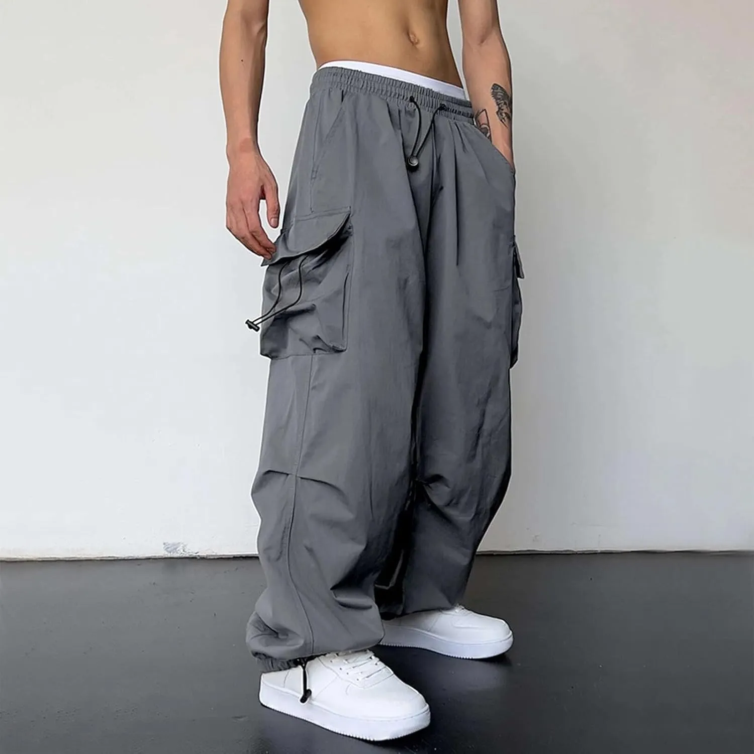 Cargo Pants for Men, Loose Fit Baggy Sweatpants, Casual Solid Color Pants with Pockets, Outdoor Drawstring Trousers