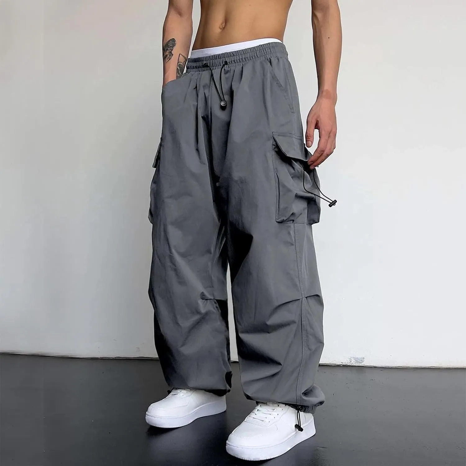 Cargo Pants for Men, Loose Fit Baggy Sweatpants, Casual Solid Color Pants with Pockets, Outdoor Drawstring Trousers