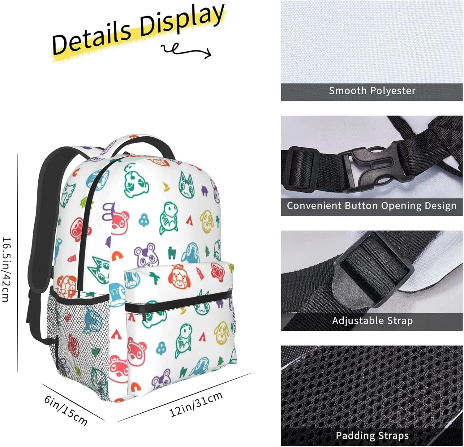 Cartoon Animal Laptop Backpack Girls Boys Bookbag Fashion Casual Travel Bag Cute Preschool Large Daypack For With Chest Strap Multi-Pocket One Size White