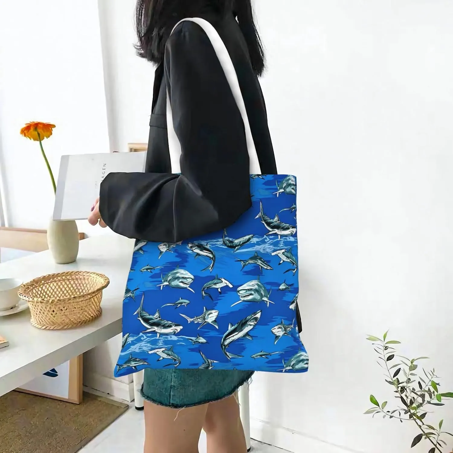 Cartoon Cute Shark Tote Bag Reusable Shoulder Tote Bag For Women Lady Vacation, Shopping, Work