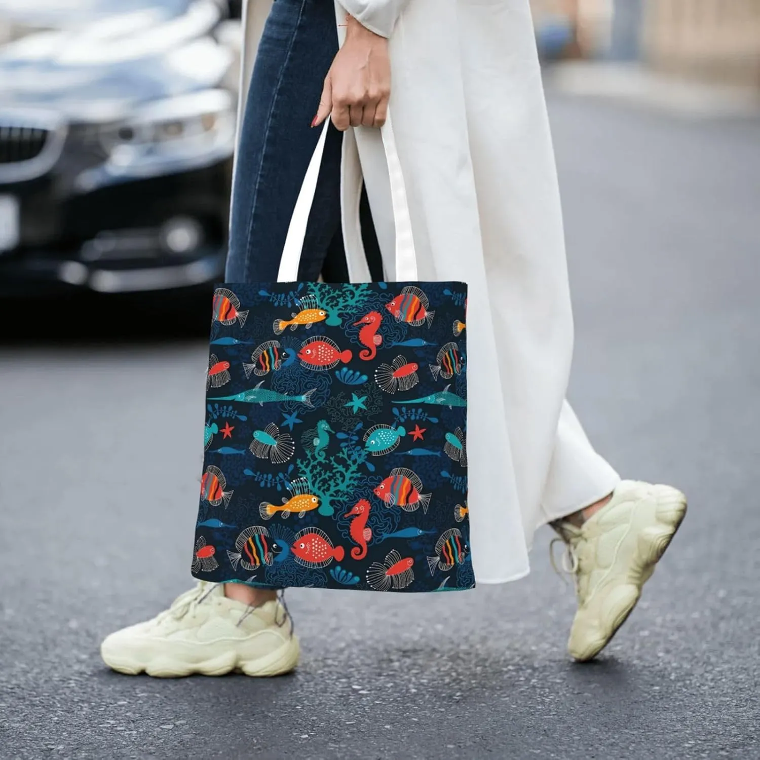 Cartoon Cute Shark Tote Bag Reusable Shoulder Tote Bag For Women Lady Vacation, Shopping, Work