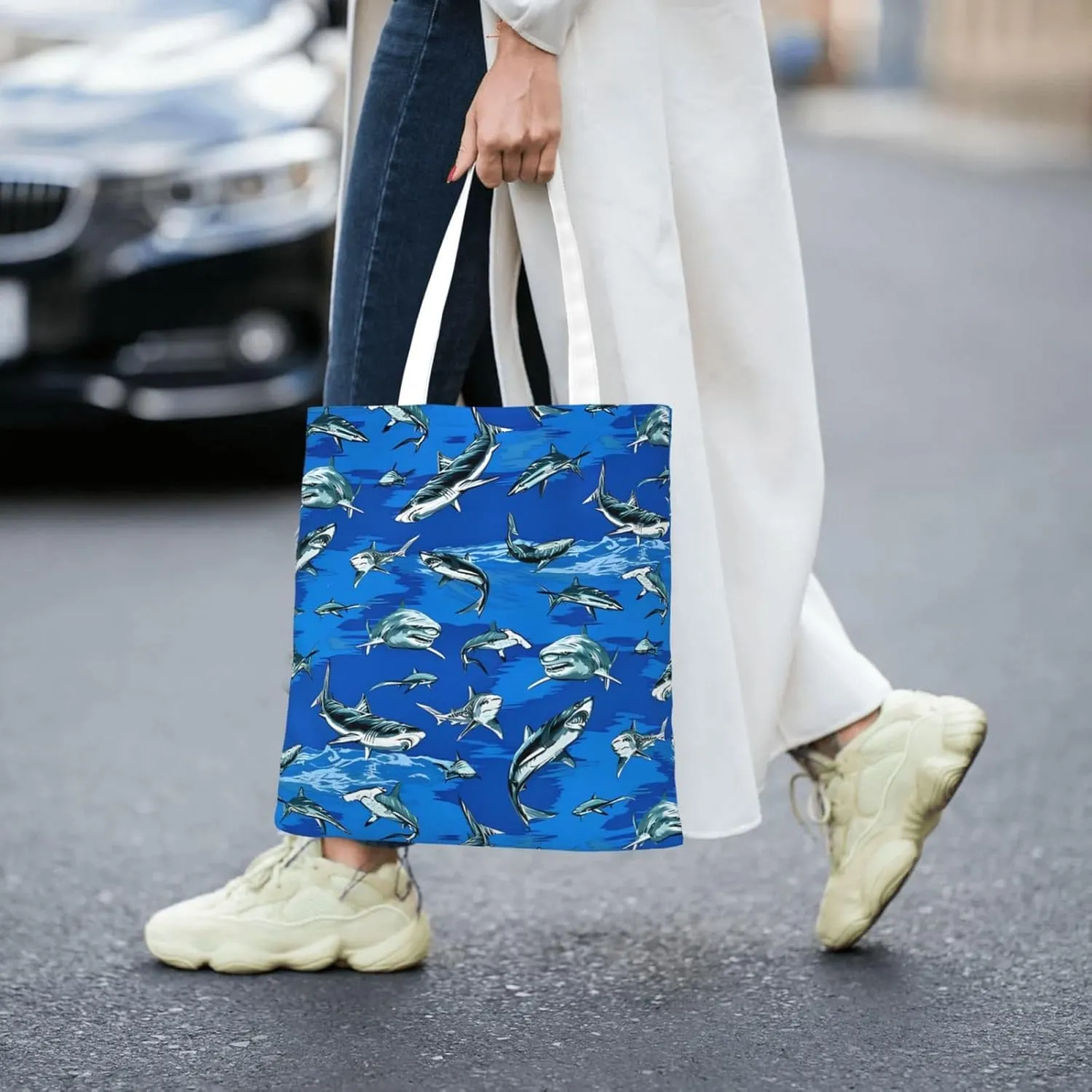 Cartoon Cute Shark Tote Bag Reusable Shoulder Tote Bag For Women Lady Vacation, Shopping, Work