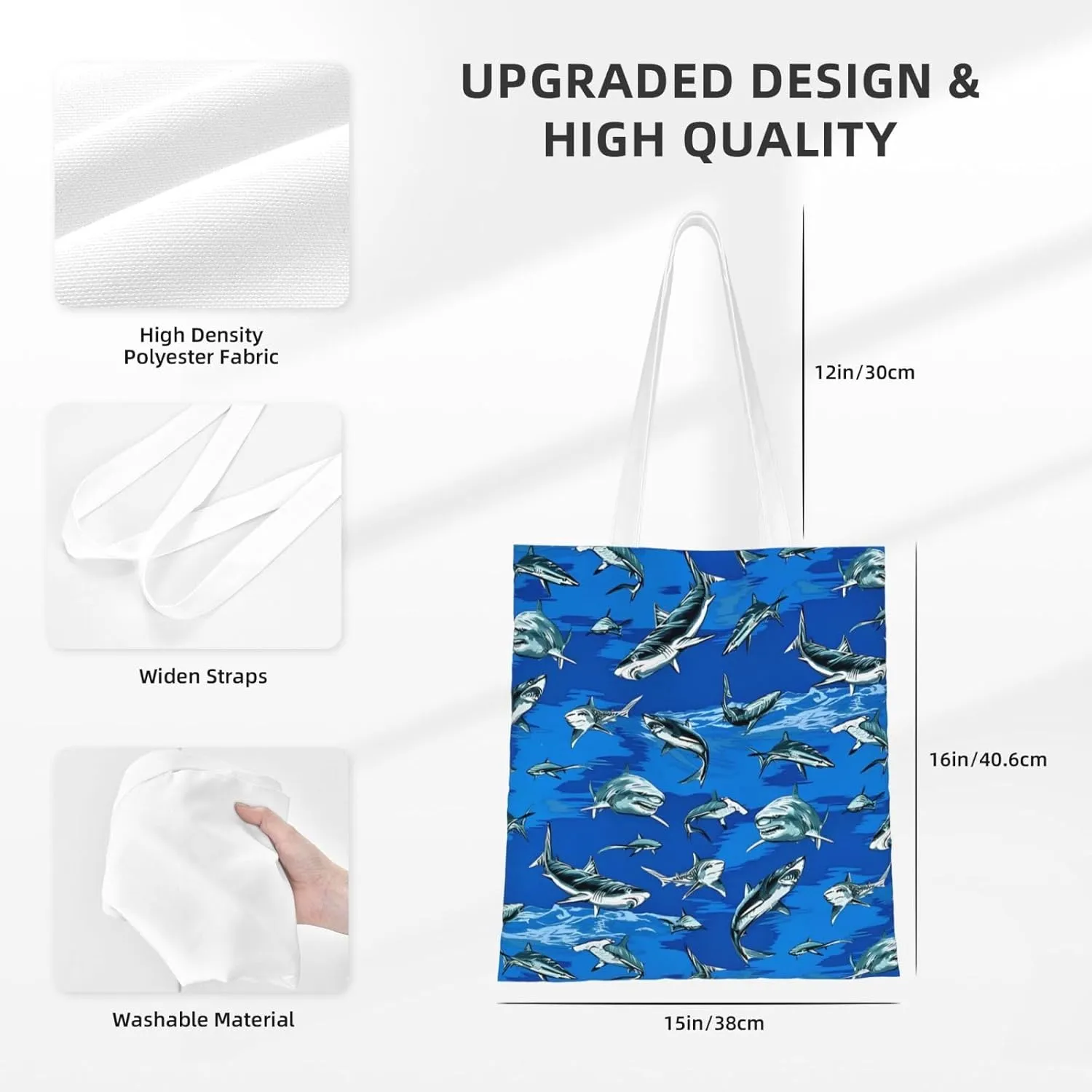 Cartoon Cute Shark Tote Bag Reusable Shoulder Tote Bag For Women Lady Vacation, Shopping, Work