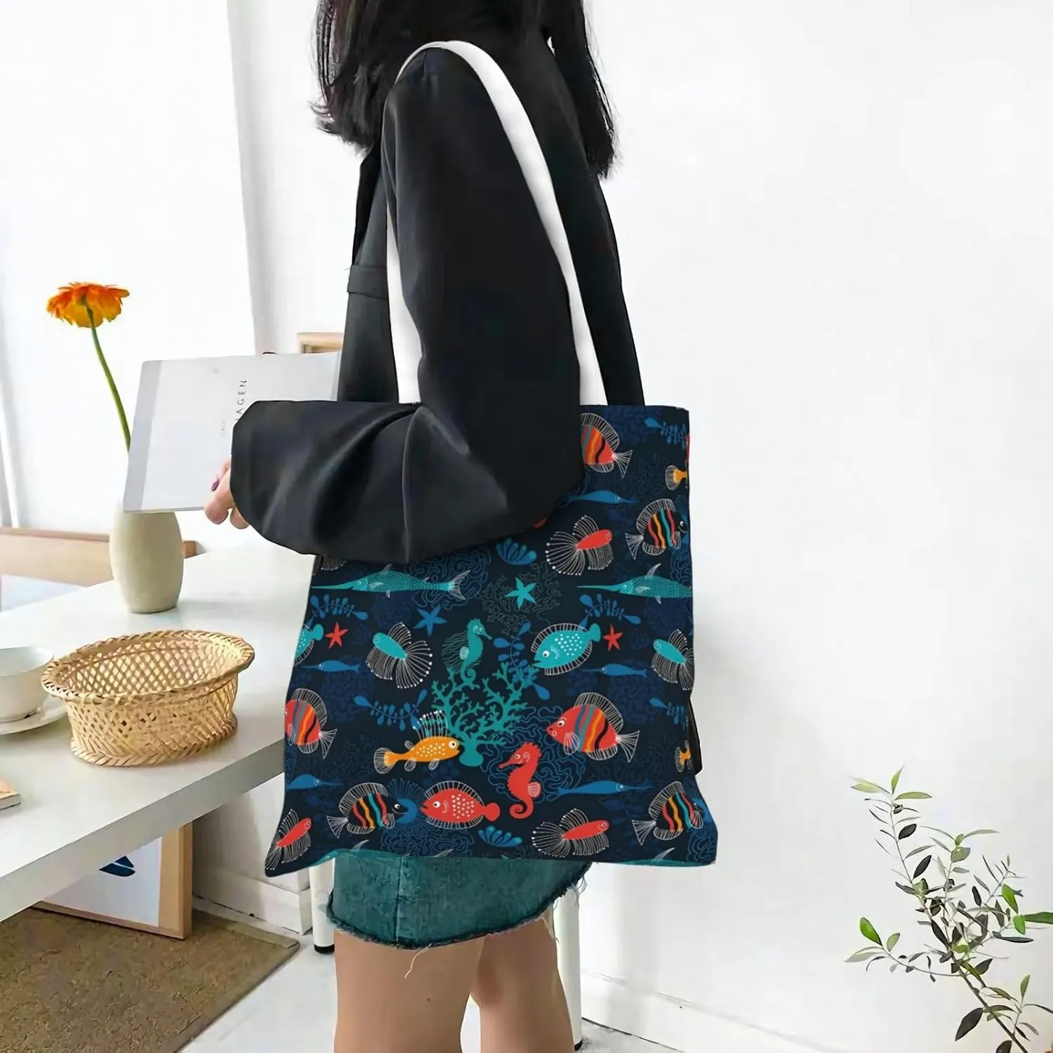 Cartoon Cute Shark Tote Bag Reusable Shoulder Tote Bag For Women Lady Vacation, Shopping, Work