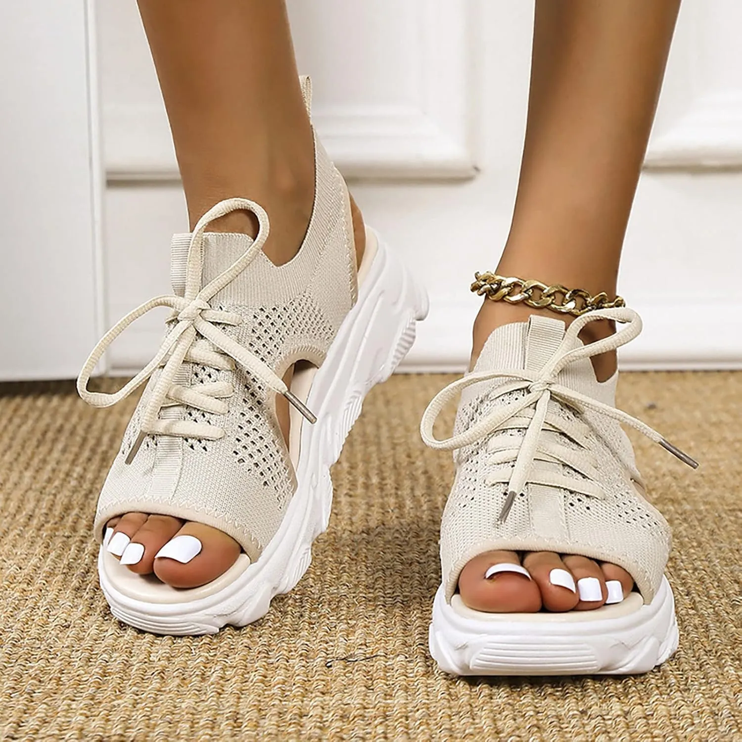 Cathalem Open Toe Sneakers for Women Wedges Platform Fish Mouth Sneakers Open Toe Slip on Sandals Lace Up Knit Mesh Walking