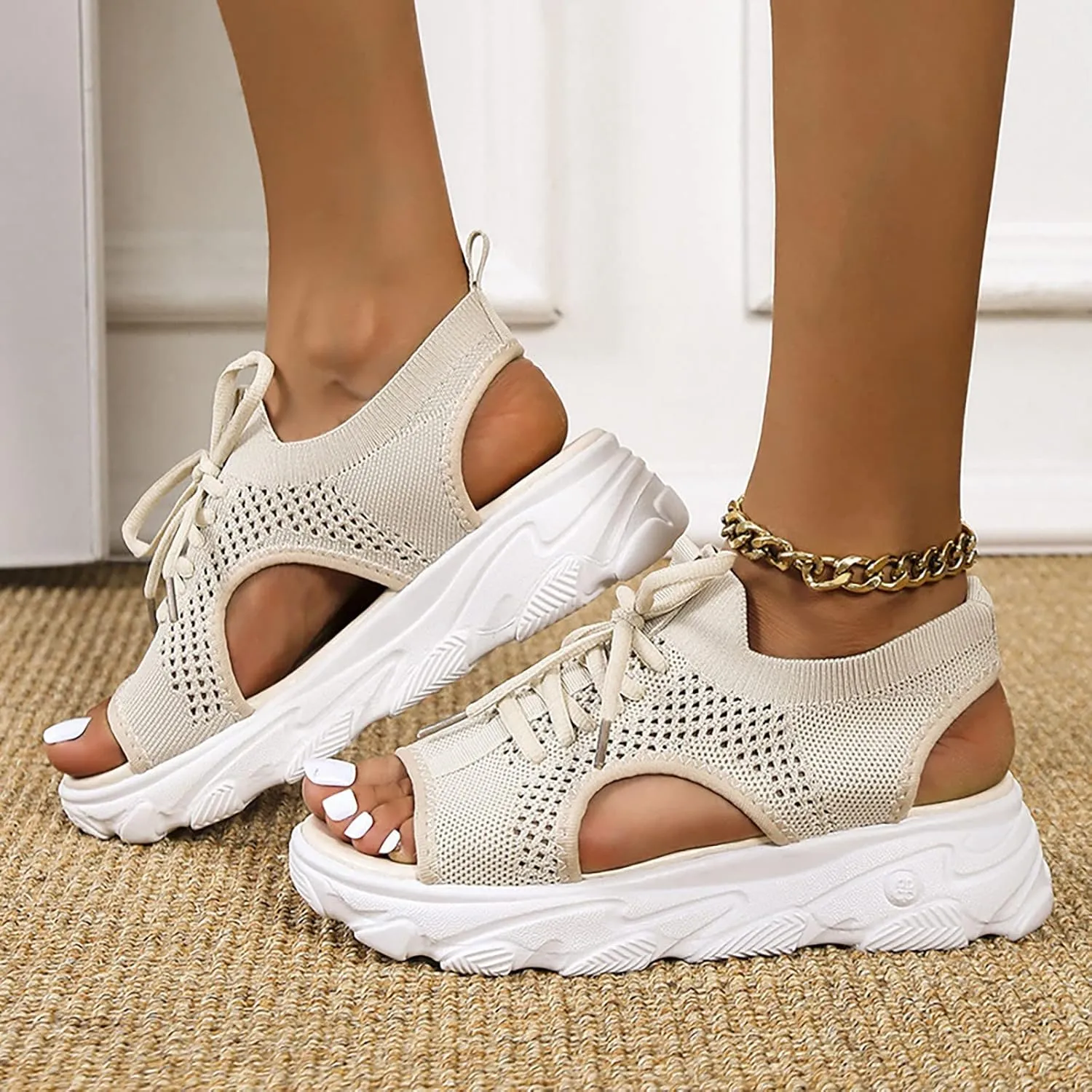 Cathalem Open Toe Sneakers for Women Wedges Platform Fish Mouth Sneakers Open Toe Slip on Sandals Lace Up Knit Mesh Walking