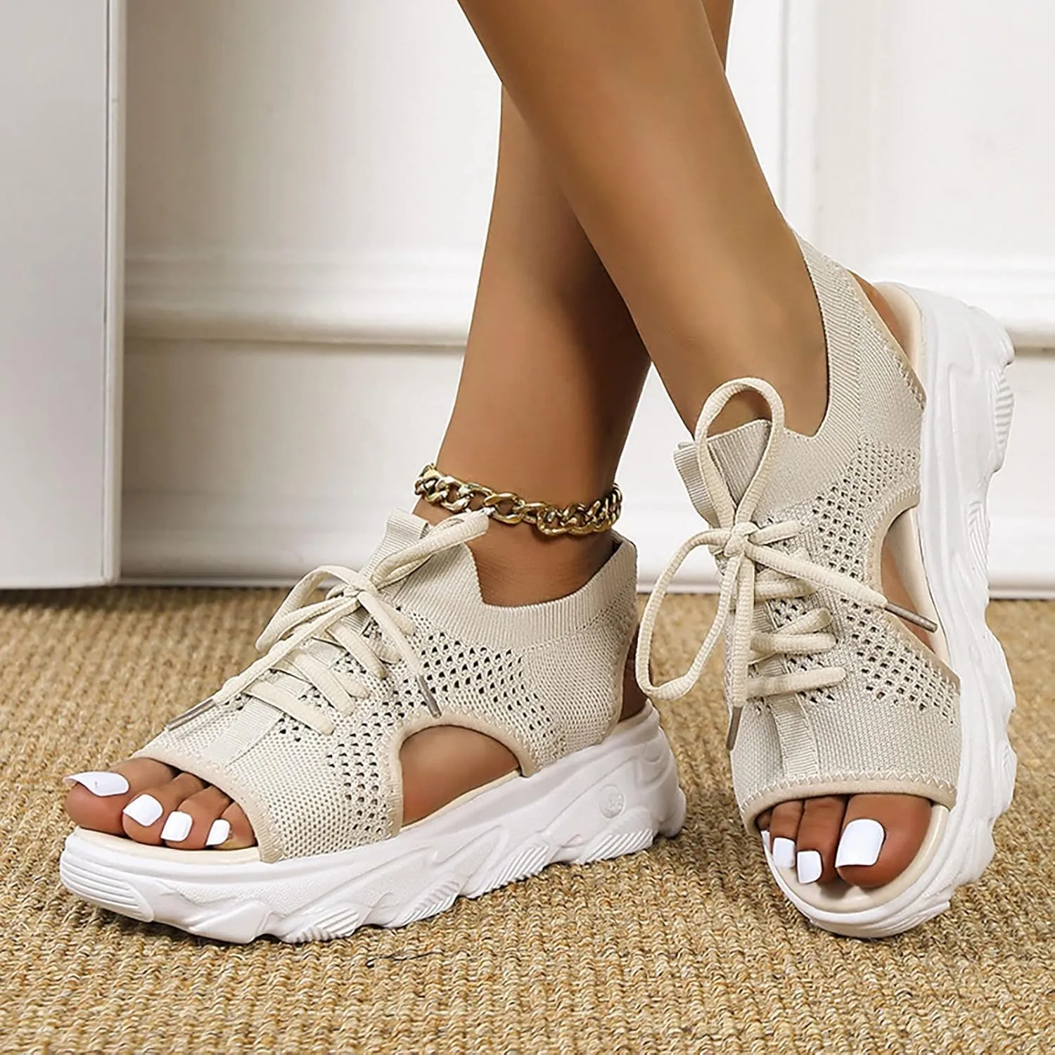 Cathalem Open Toe Sneakers for Women Wedges Platform Fish Mouth Sneakers Open Toe Slip on Sandals Lace Up Knit Mesh Walking