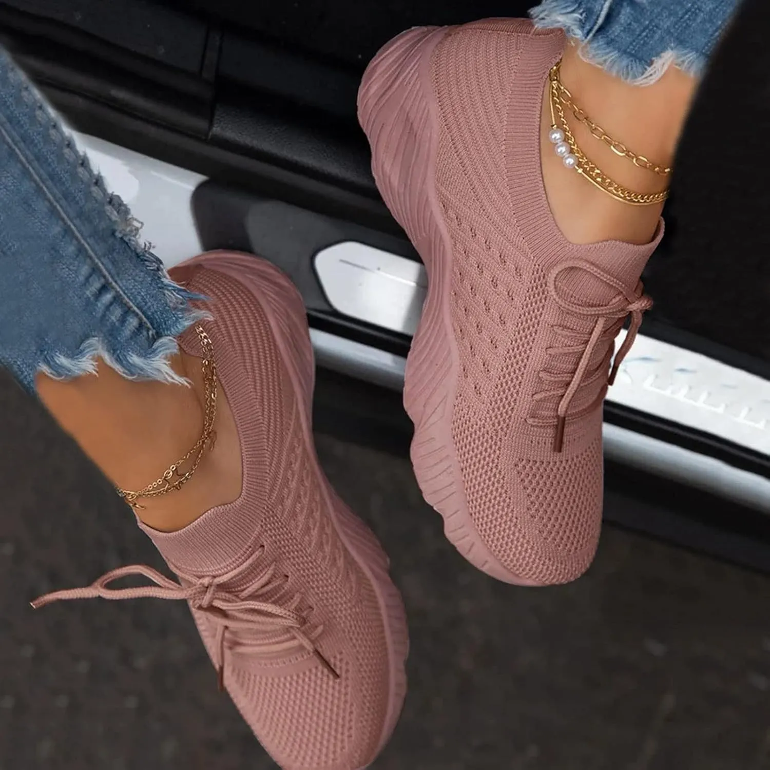 Cathalem Walking Shoes for Women Walking Shoes Slip on Sneakers Fashion Platform Solid Color Lace-up Sneakers