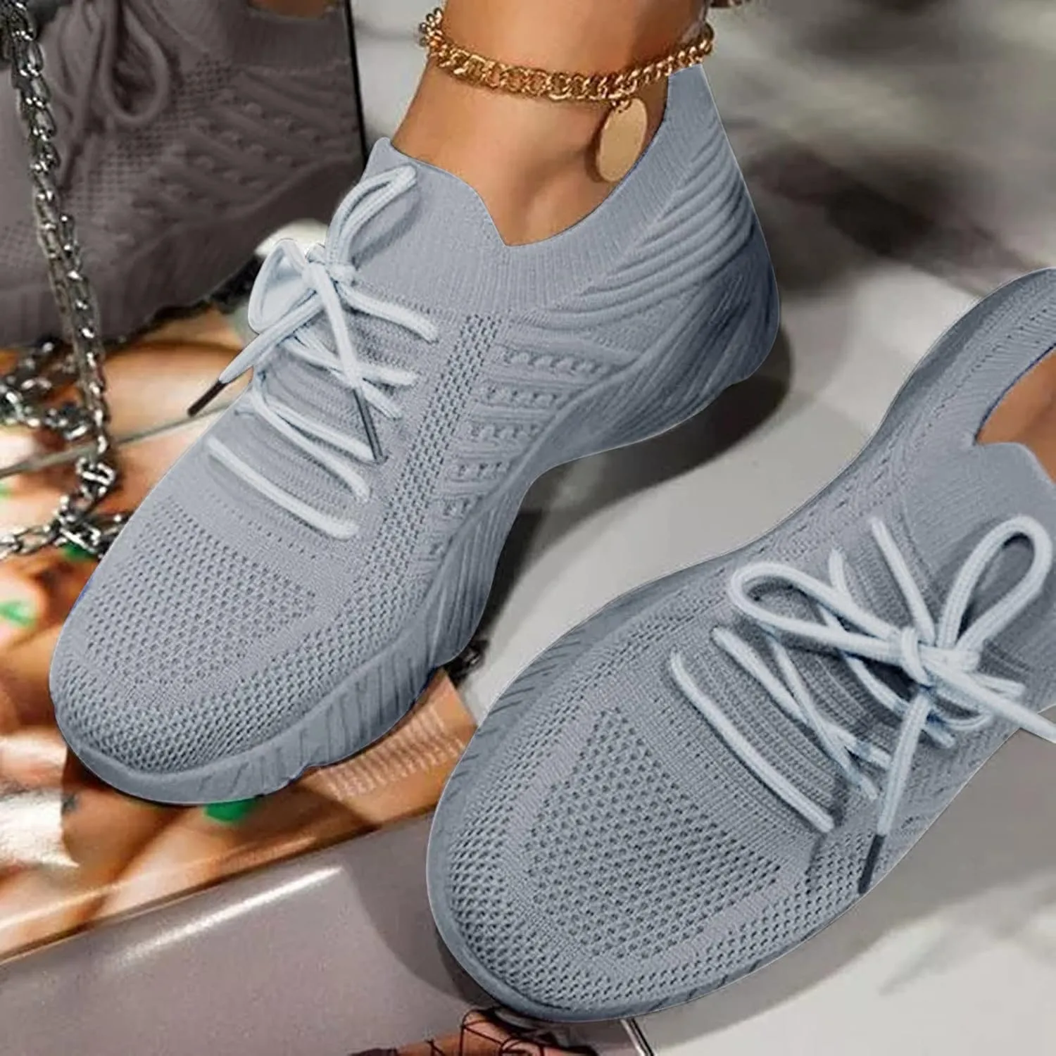 Cathalem Walking Shoes for Women Walking Shoes Slip on Sneakers Fashion Platform Solid Color Lace-up Sneakers