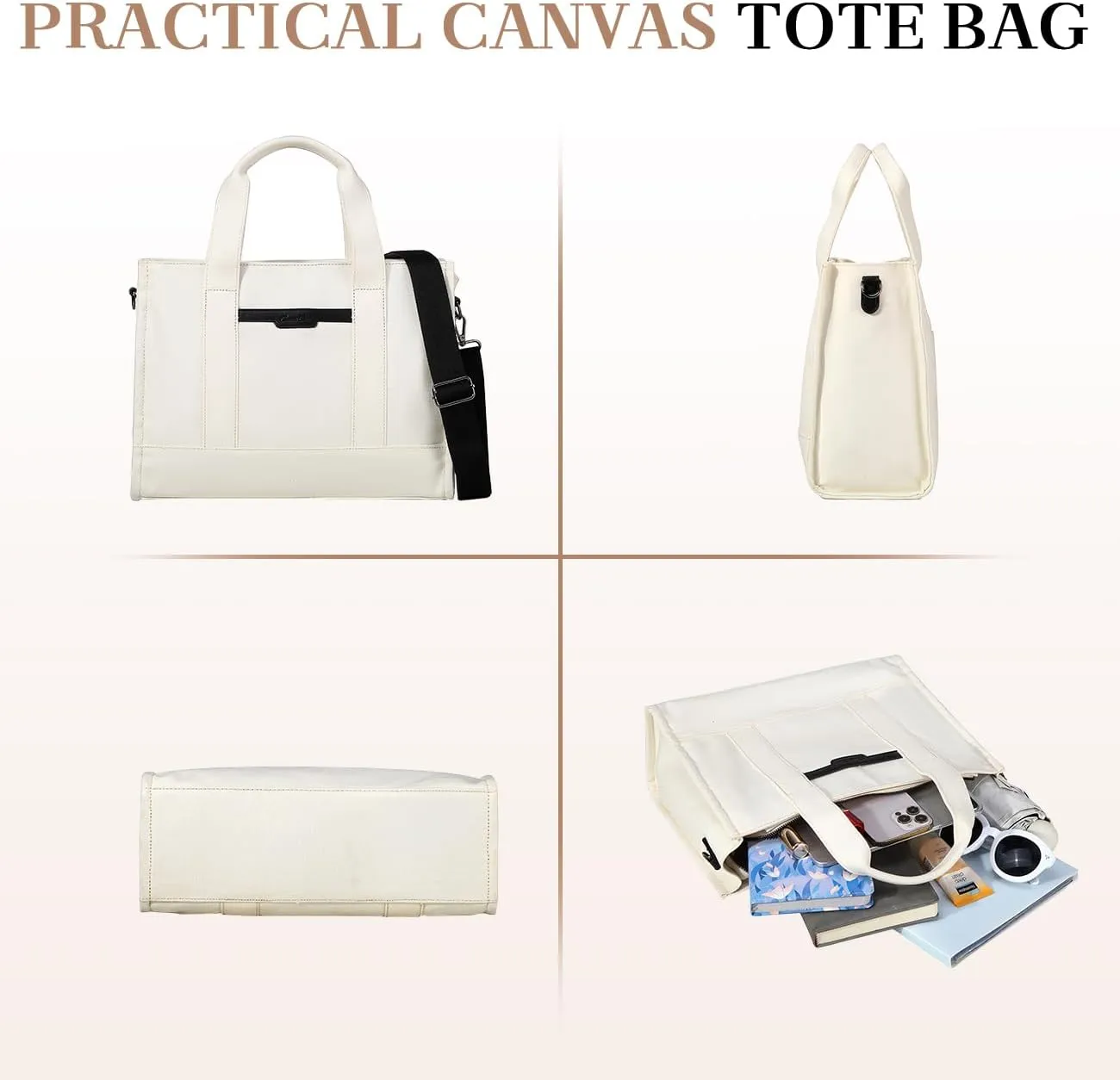 Chase Chic Canvas Tote Bag with Zipper for Women, Multi Pocket Shoulder Crossbody Handbag Bag with Compartments for Work