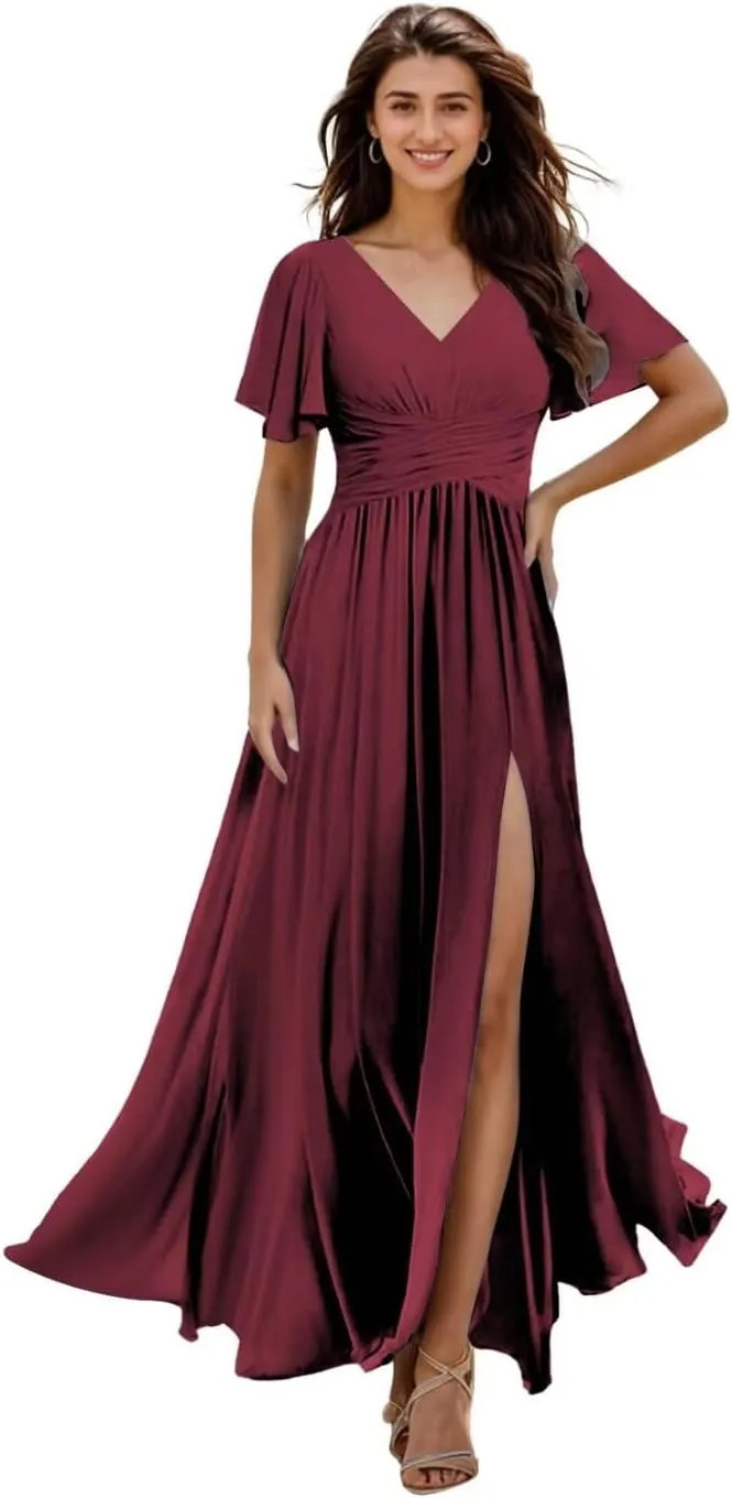 Chiffon Bridesmaid Dresses for Women V Neck Pockets Slit Long Wedding Guest Formal Dress with Flutter Sleeve