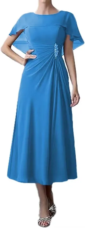 Chiffon Mother of The Bride Dresses 2024 Bat Sleeves Tea Length Formal Evening Party Gowns Cloak Grandma Dresses