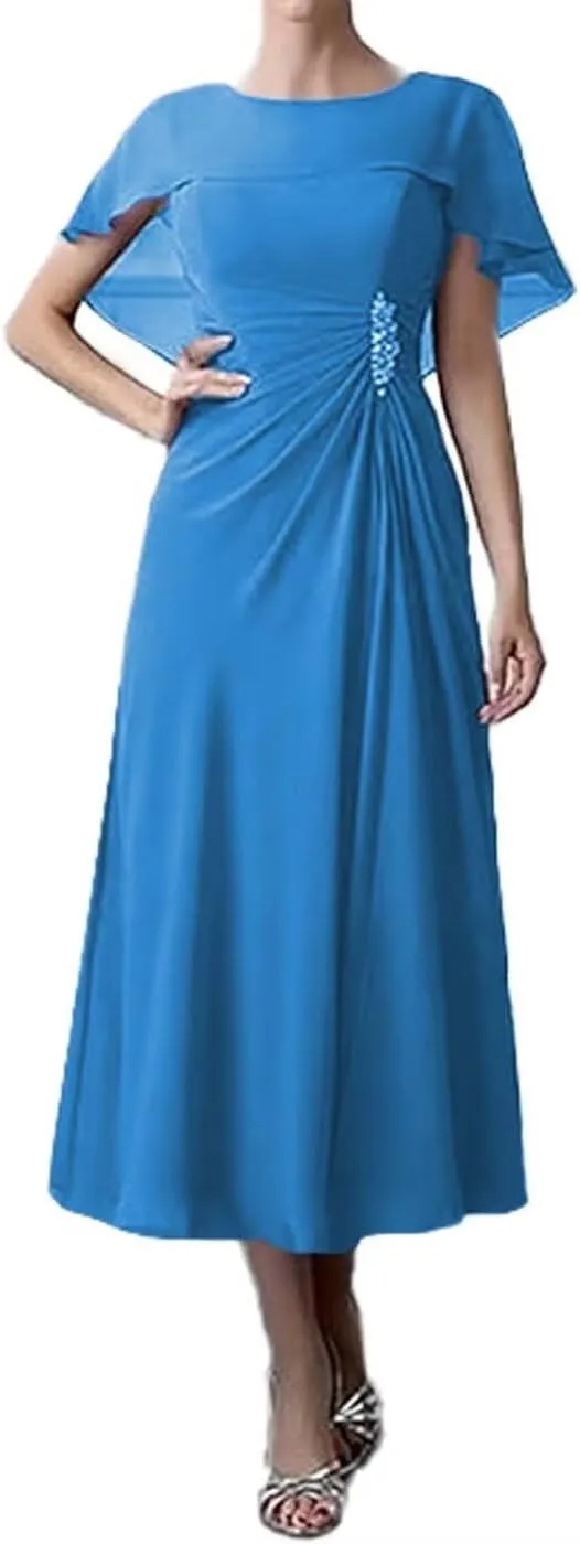 Chiffon Mother of The Bride Dresses 2024 Bat Sleeves Tea Length Formal Evening Party Gowns Cloak Grandma Dresses