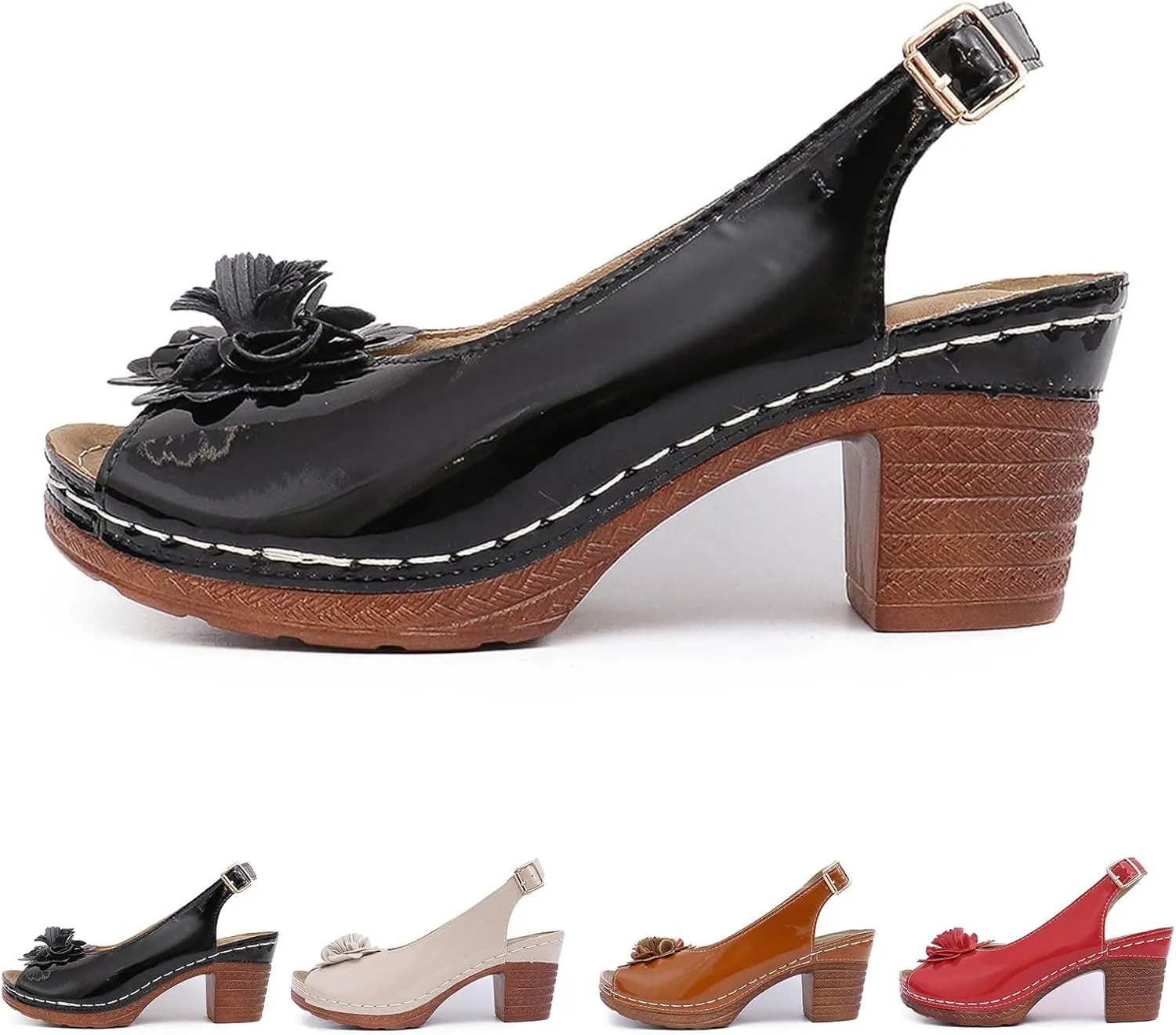 Chunky Heel Flower Sandals for Women Open Toe Ankle Strap Heeled Sandals, Hollow Out Fish Mouth Slingback High Heels Summer Casual Comfortable Slip On Walking Shoes