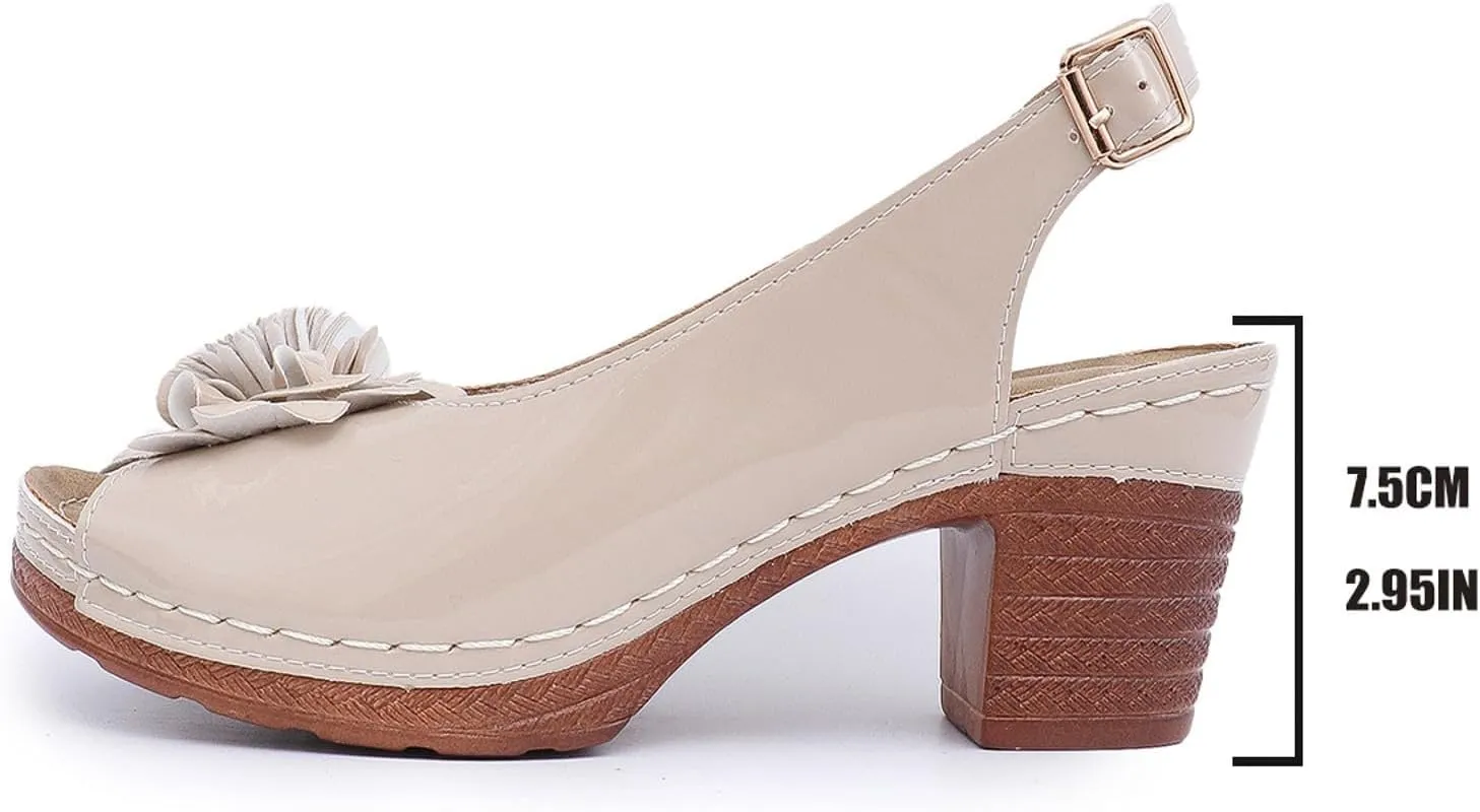 Chunky Heel Flower Sandals for Women Open Toe Ankle Strap Heeled Sandals, Hollow Out Fish Mouth Slingback High Heels Summer Casual Comfortable Slip On Walking Shoes