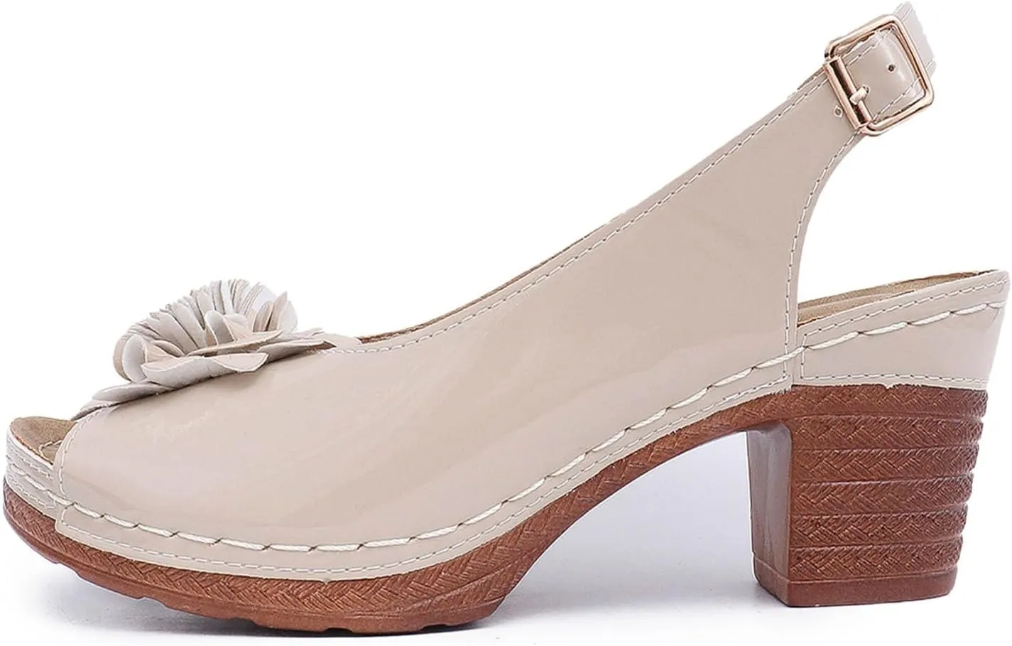 Chunky Heel Flower Sandals for Women Open Toe Ankle Strap Heeled Sandals, Hollow Out Fish Mouth Slingback High Heels Summer Casual Comfortable Slip On Walking Shoes